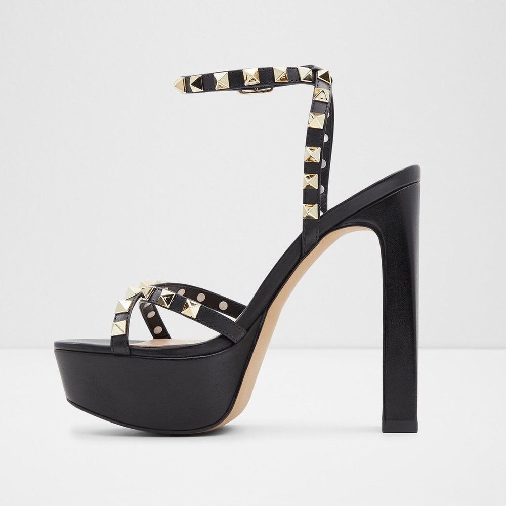 Aldo Black Leather Geegully Gold Studded 6" Platform Block Heel Sandals Size 9